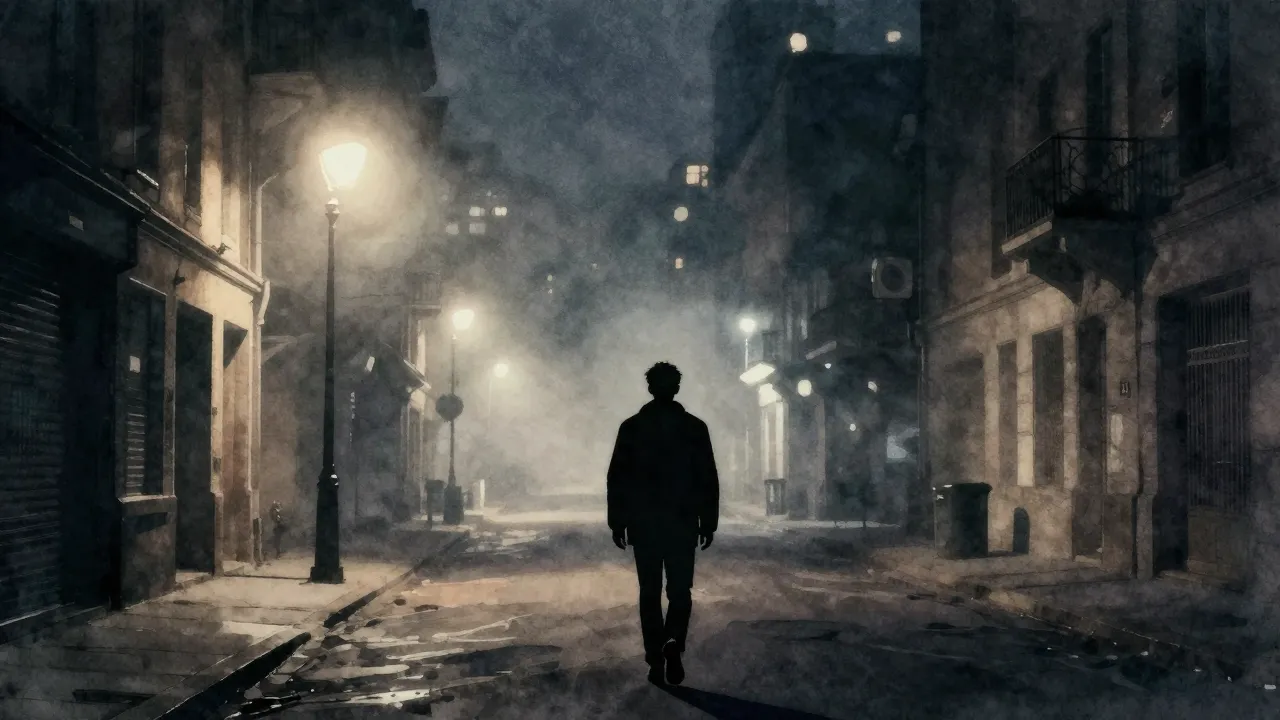Watercolor style. Silhouette of a lonely man walking down a ...