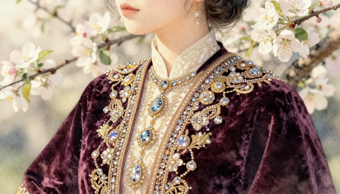 Watercolor style. Close-up of exquisite embroidery with spar...