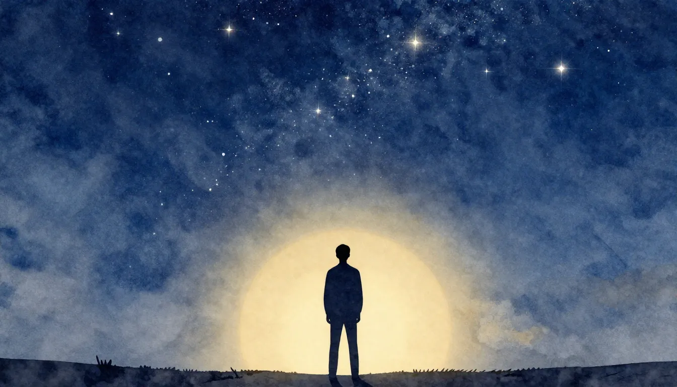 Watercolor style. A stylized silhouette of a man standing un...