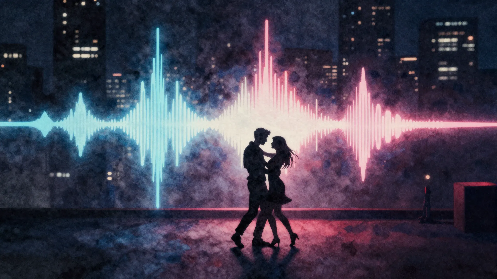 Watercolor style. Neon city at night, abstract glowing sound...