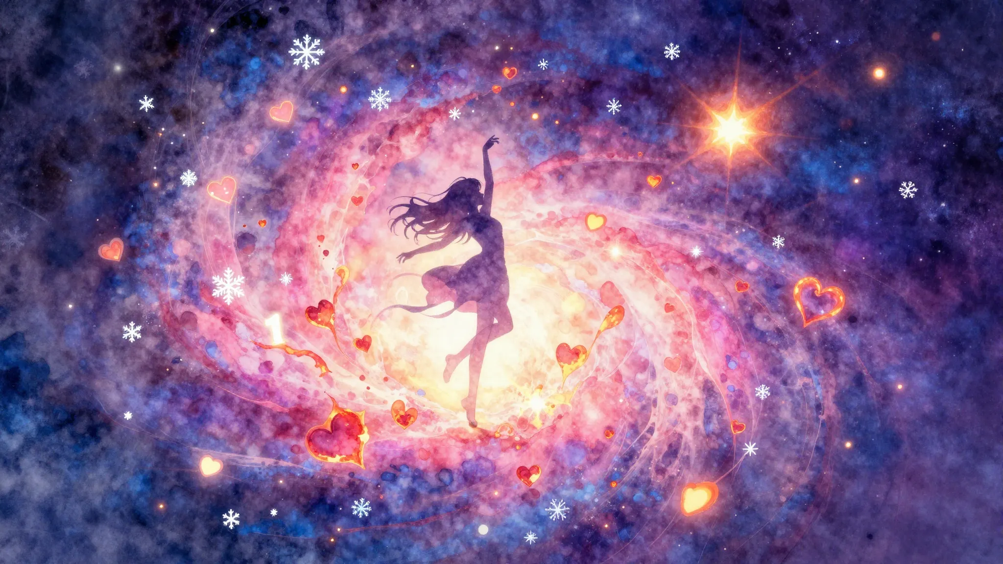 Vibrant watercolor style. A cosmic K-Pop album cover, dreamy...