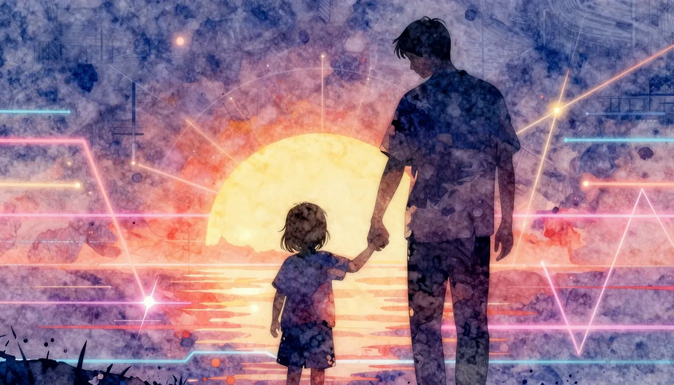 Watercolor style. A silhouette of a parent holding a child's...