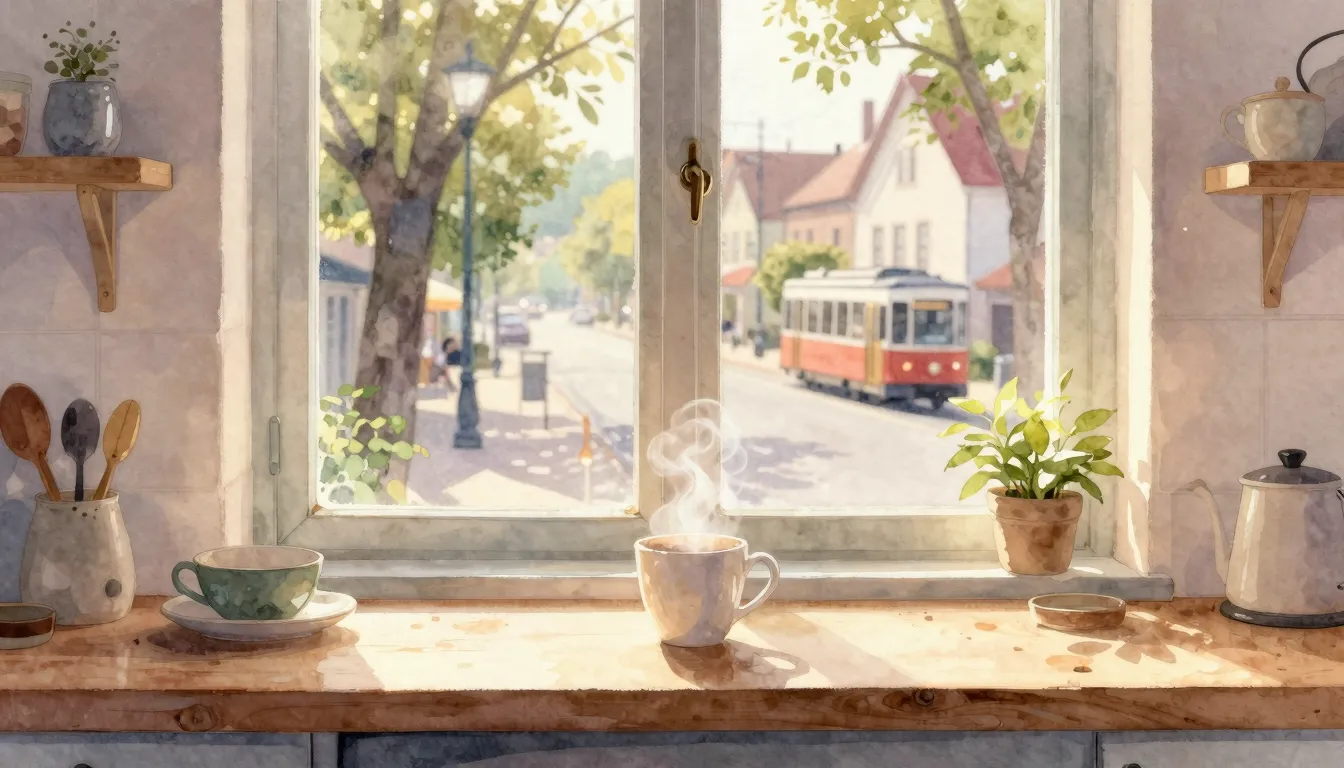 Watercolor style. A cozy kitchen window bathed in warm morni...