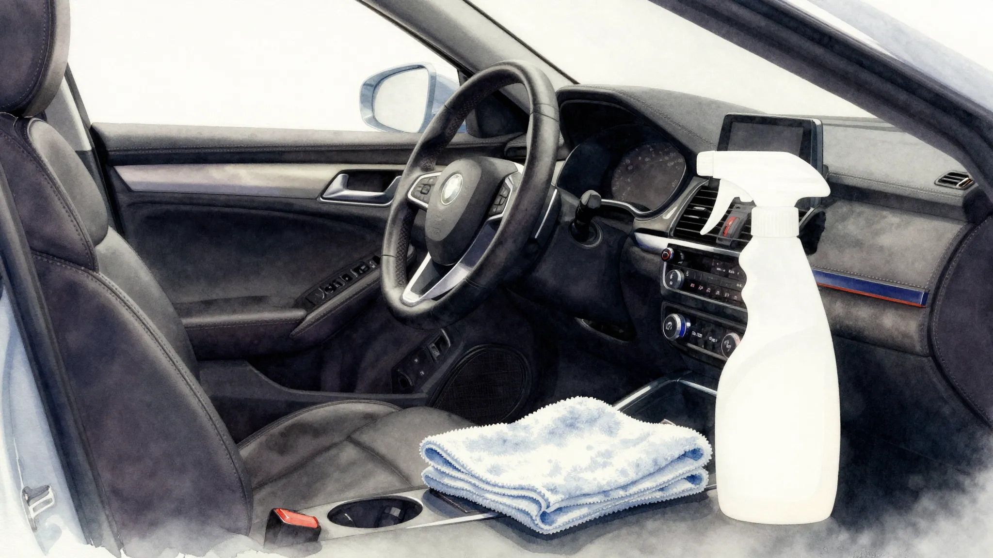 Watercolor style. Close-up silhouette of a car interior with...