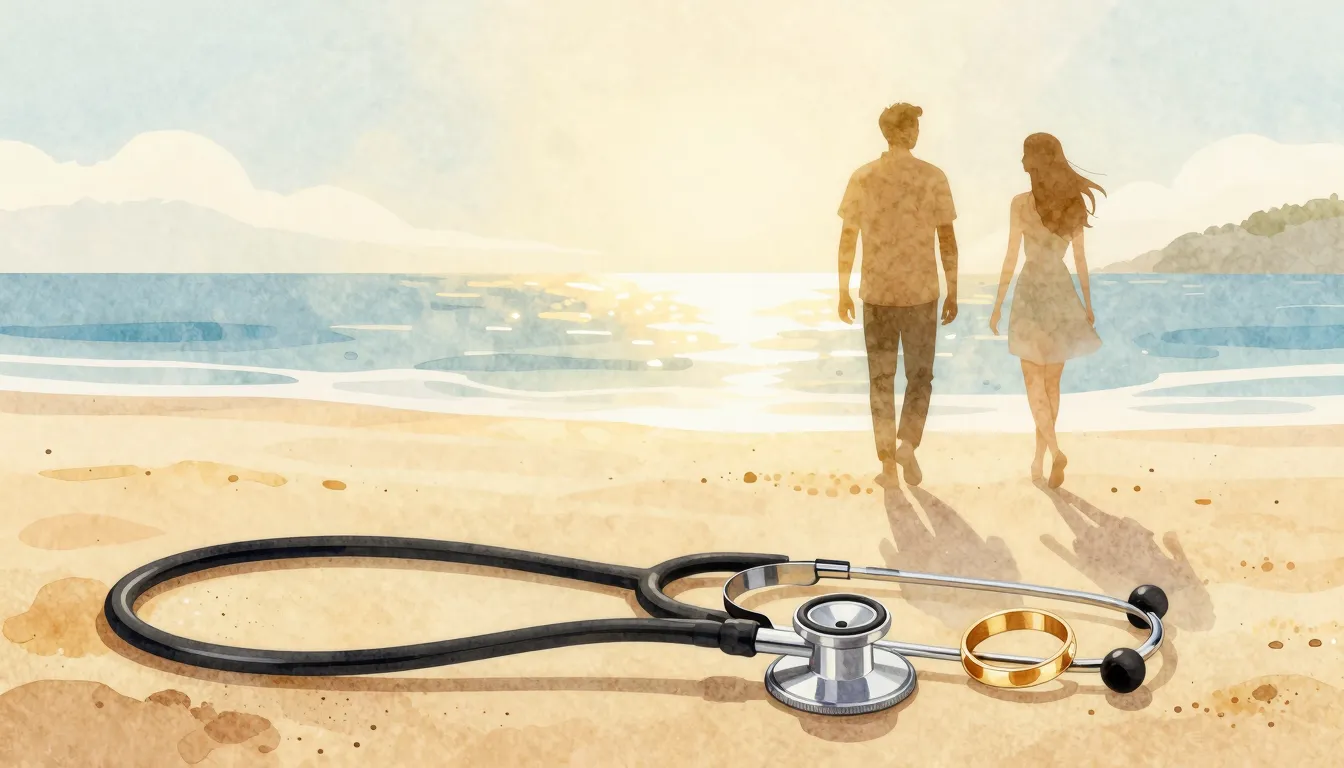 Watercolor style. A sunny beach coastline with two silhouett...
