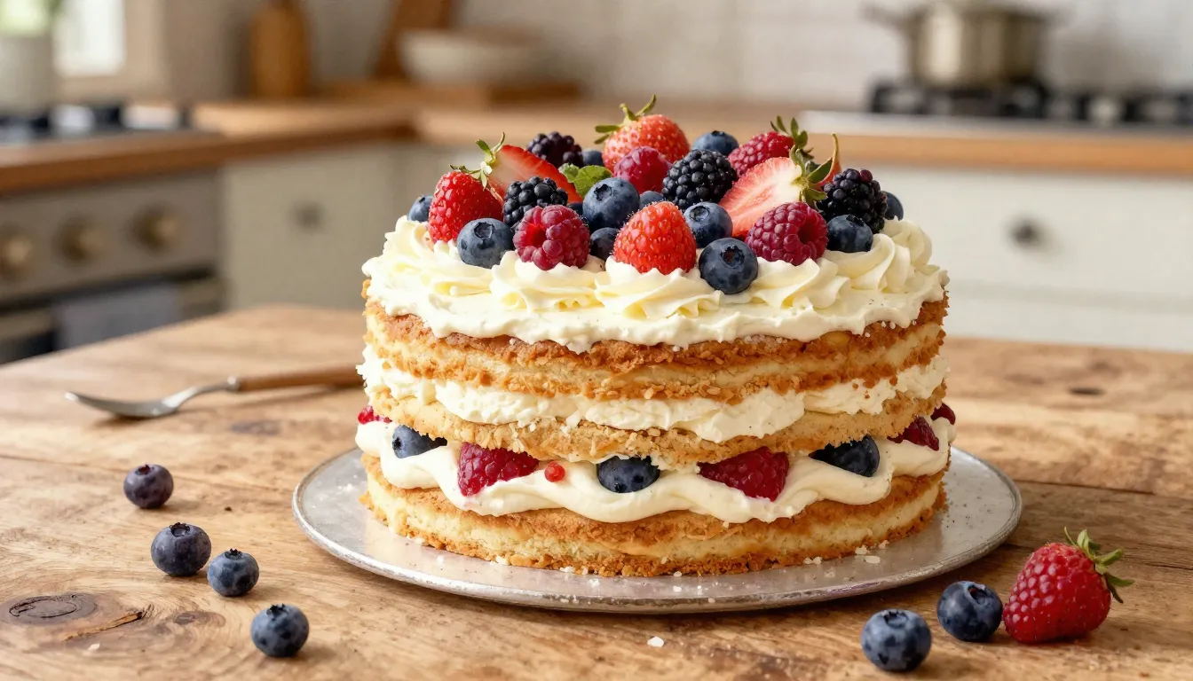 Watercolor style. A beautiful multi-layered homemade cake de...