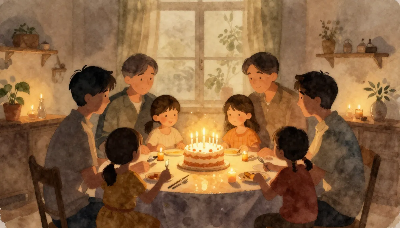 Watercolor style. A silhouette of a large family gathered ar...