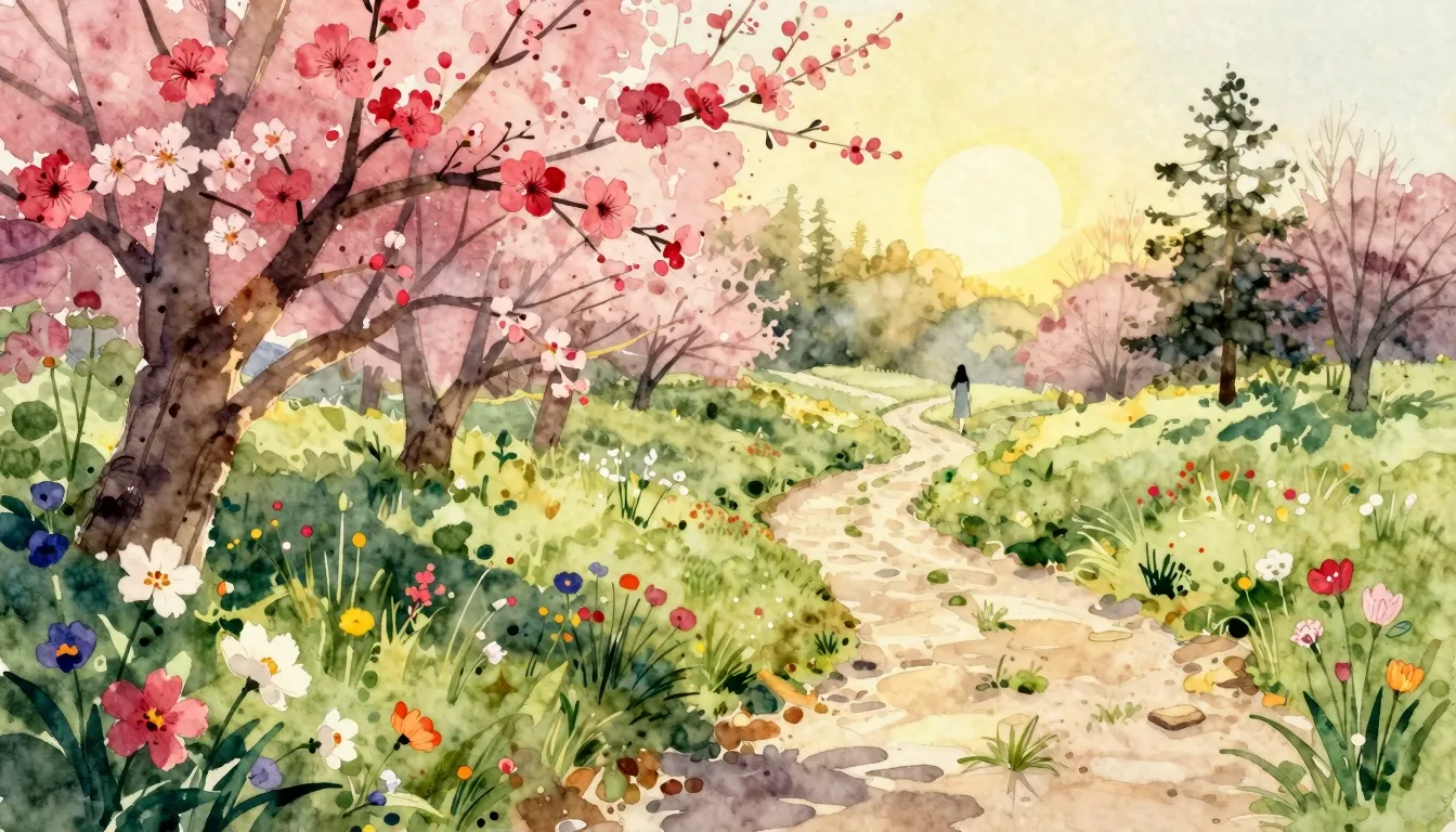 Vibrant watercolor style. Folk song album cover: serene, sec...