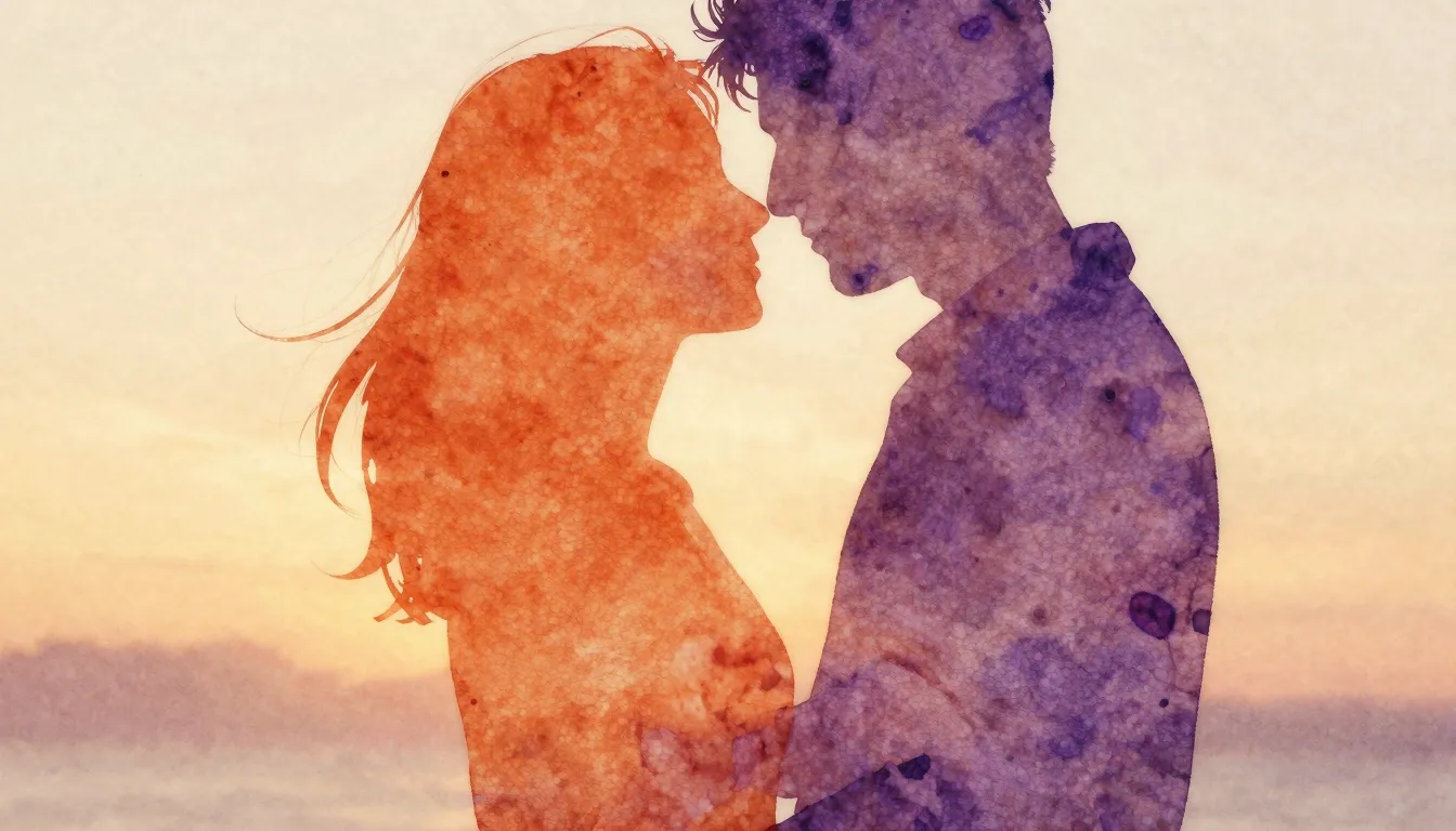 Watercolor style. Abstract silhouette of a couple in a soft,...