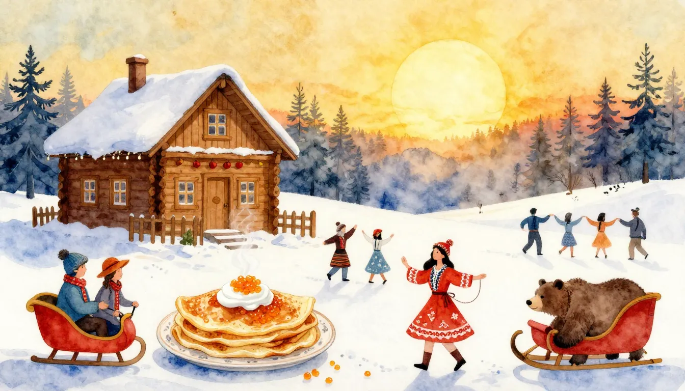 Vibrant watercolor style. Russian folk, Maslenitsa celebrati...