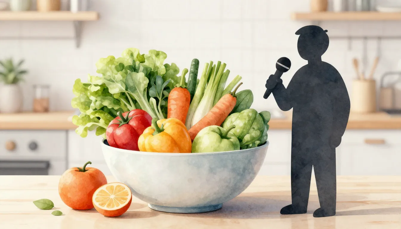 Watercolor style. A vibrant bowl of fresh vegetables and fru...