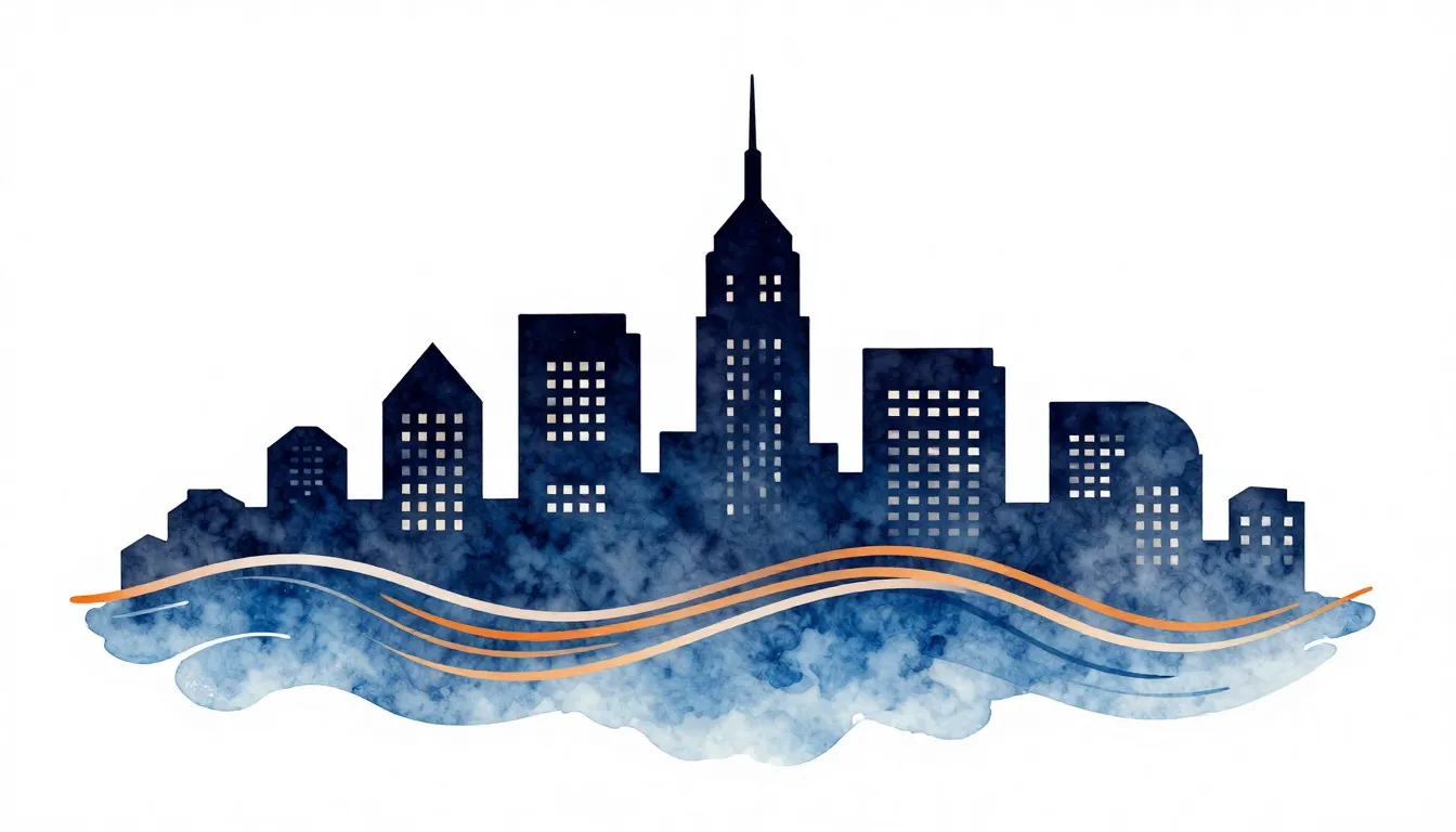 Watercolor style. A minimalist silhouette of a city skyline ...