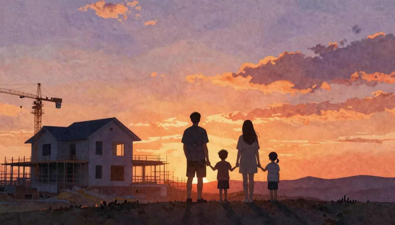 Watercolor style. A silhouette of a family of four standing ...