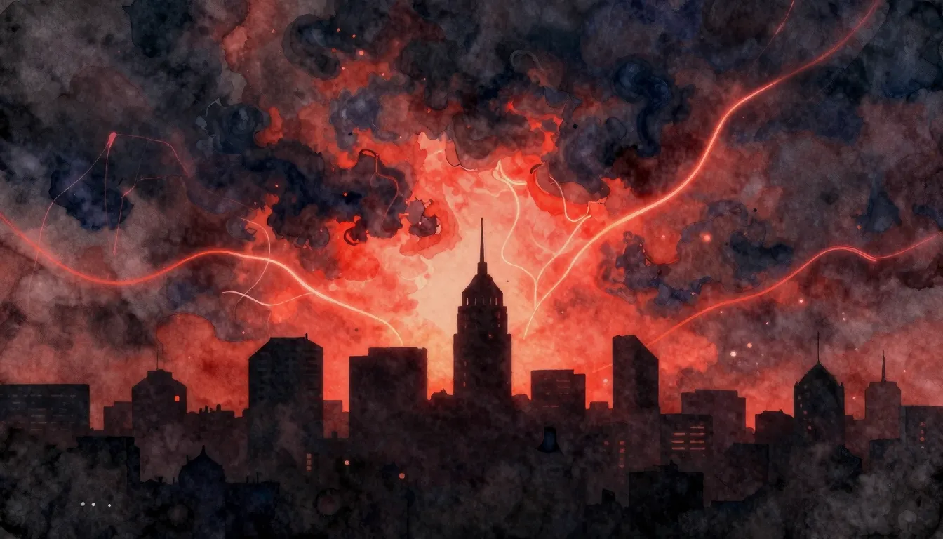 Watercolor style. Dark city skyline silhouette at night, glo...