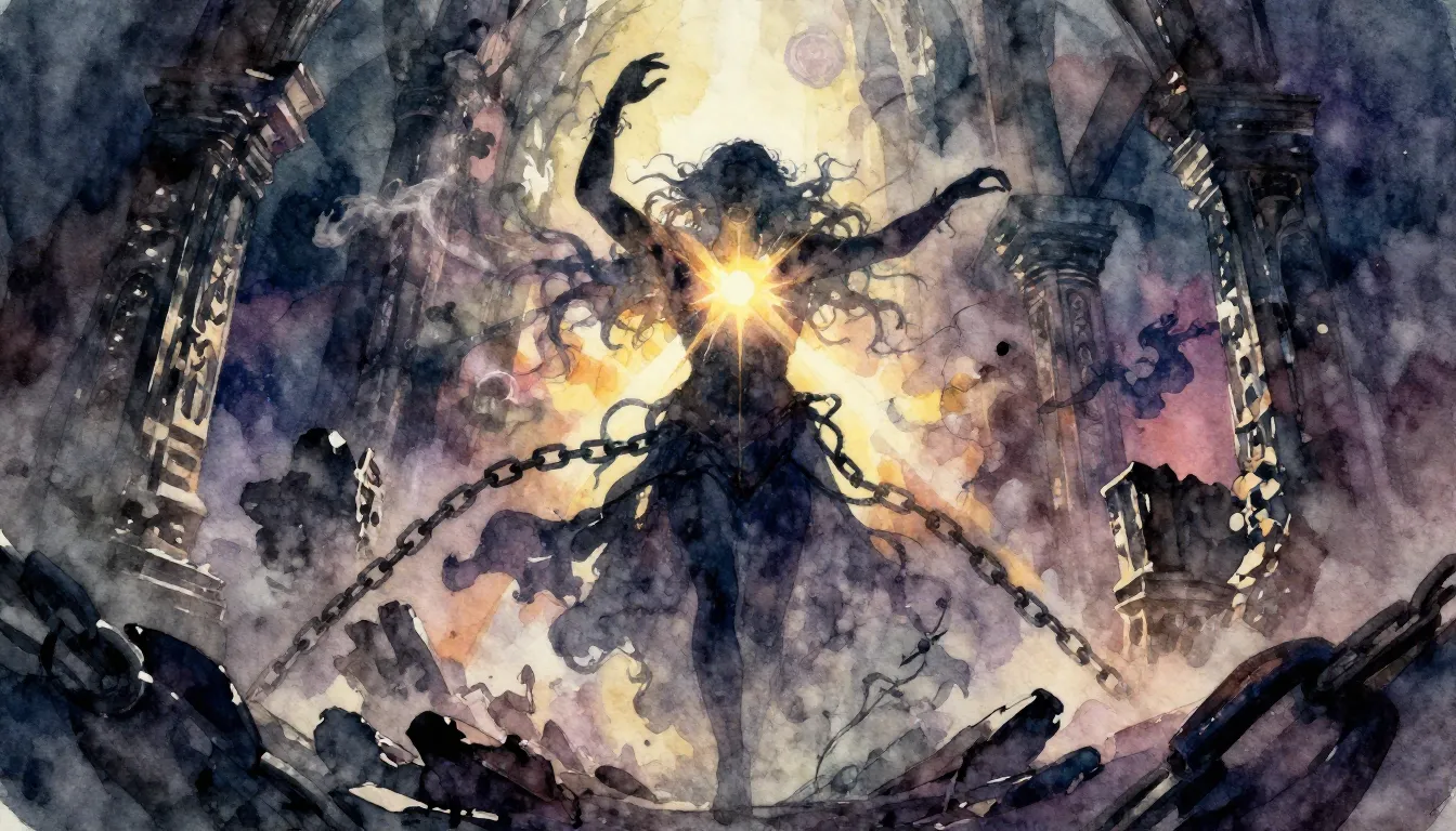 Vibrant watercolor style. Epic dark fantasy album cover. A p...