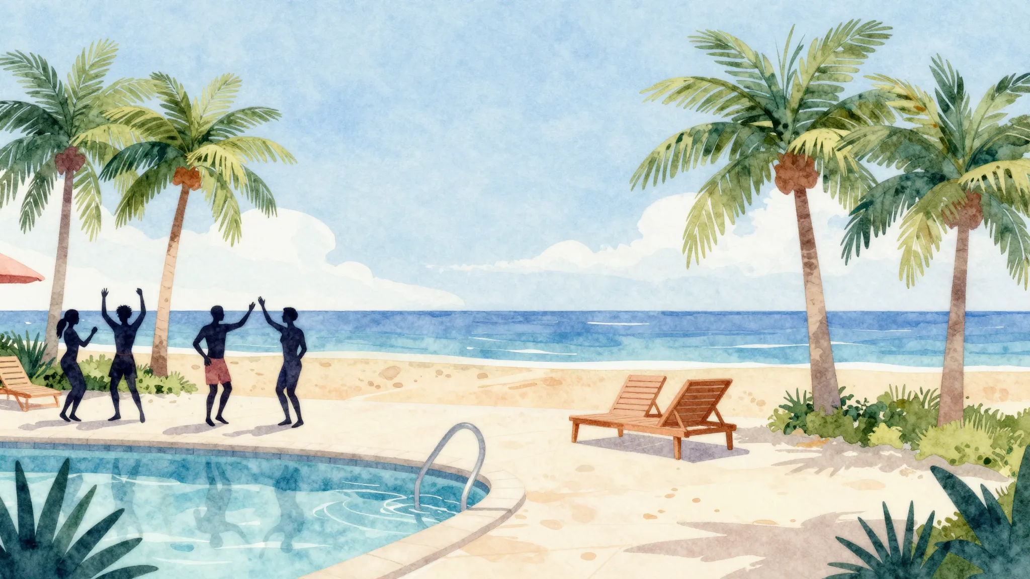 Watercolor style. A bright sunny beach resort with silhouett...