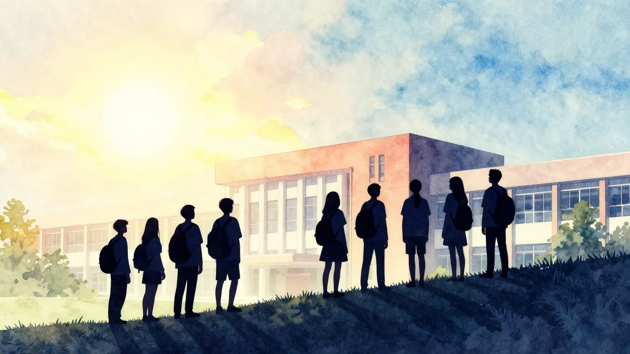 Watercolor style. A silhouette of a group of teenagers stand...