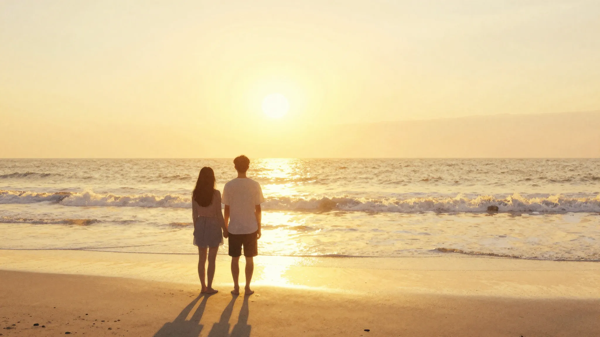 Watercolor style. Silhouette of a couple standing on a glowi...