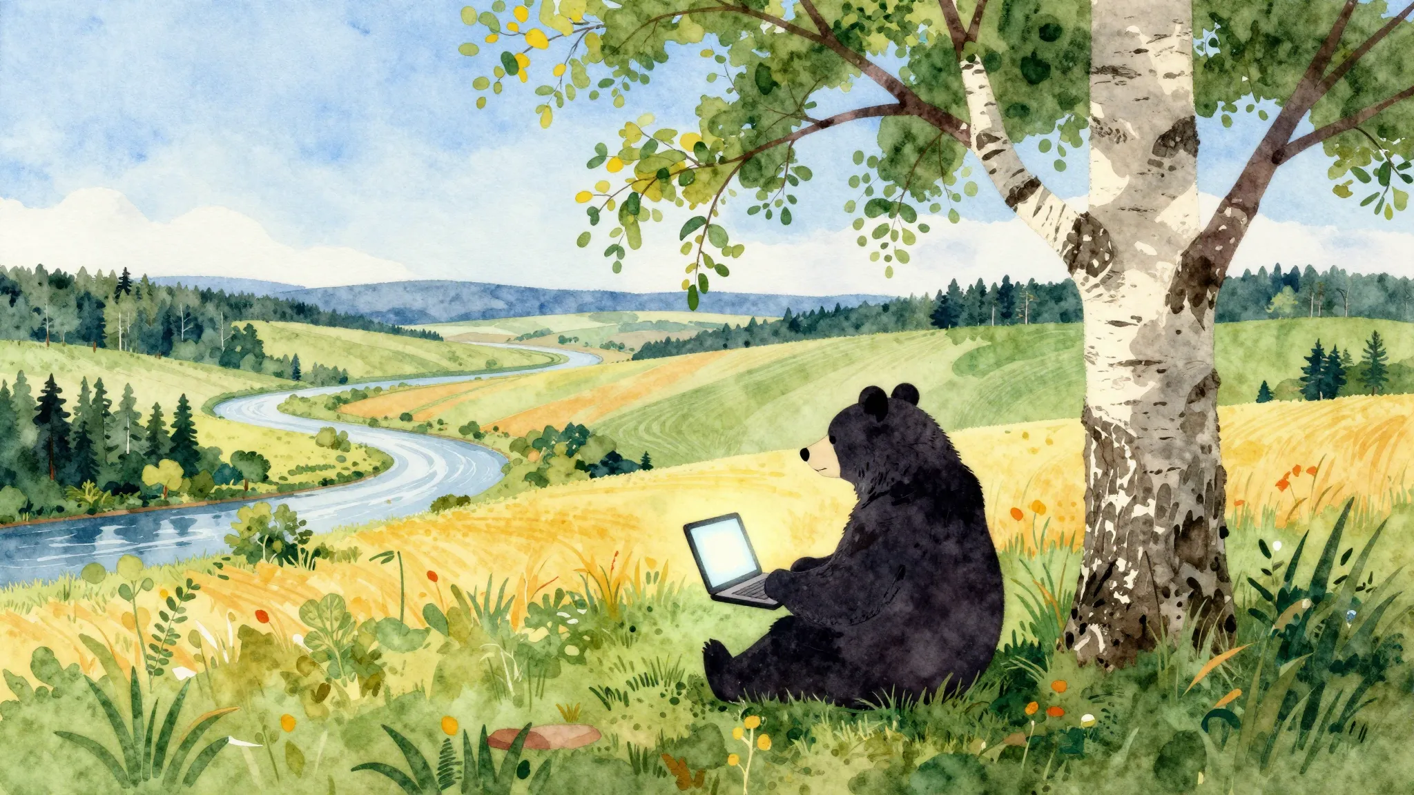 Watercolor style. A vast, beautiful landscape with forests, ...