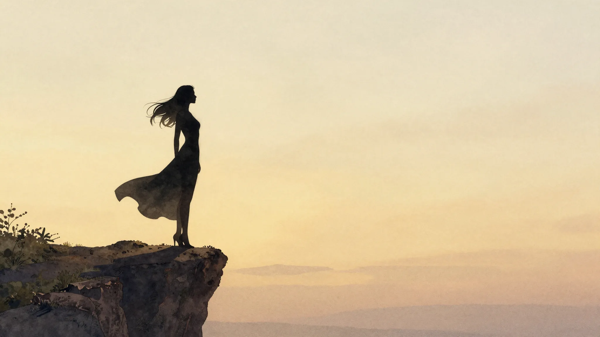 Watercolor style. Silhouette of a graceful woman standing on...