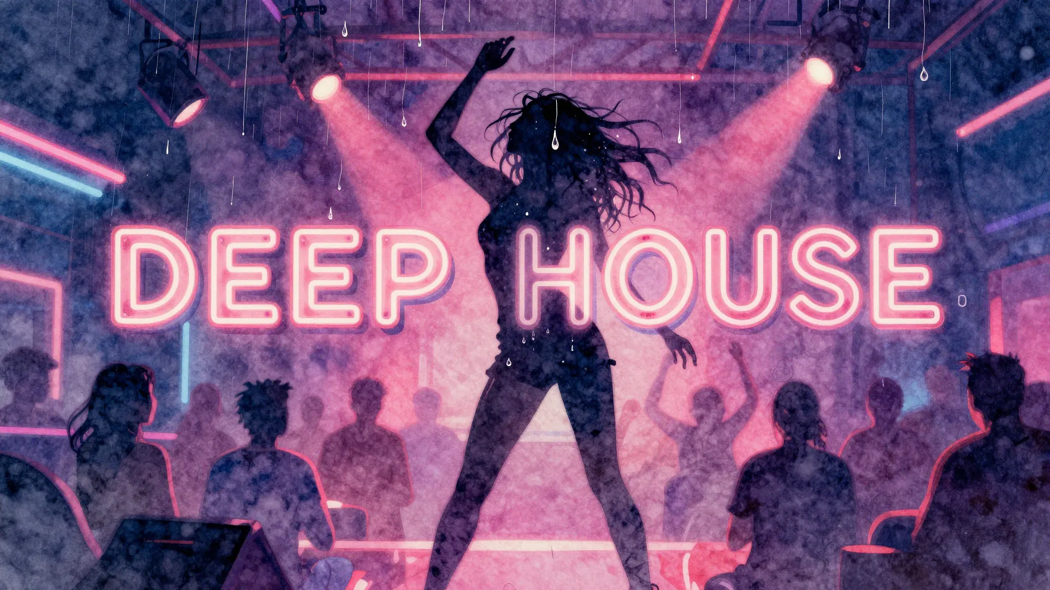 Vibrant watercolor style. Deep House album cover, neon light...