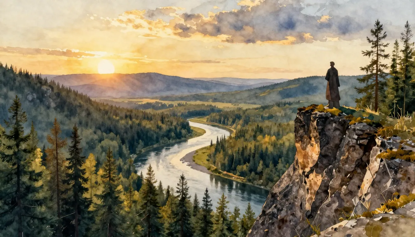 Watercolor style. Cinematic landscape of Ural mountains, Pys...