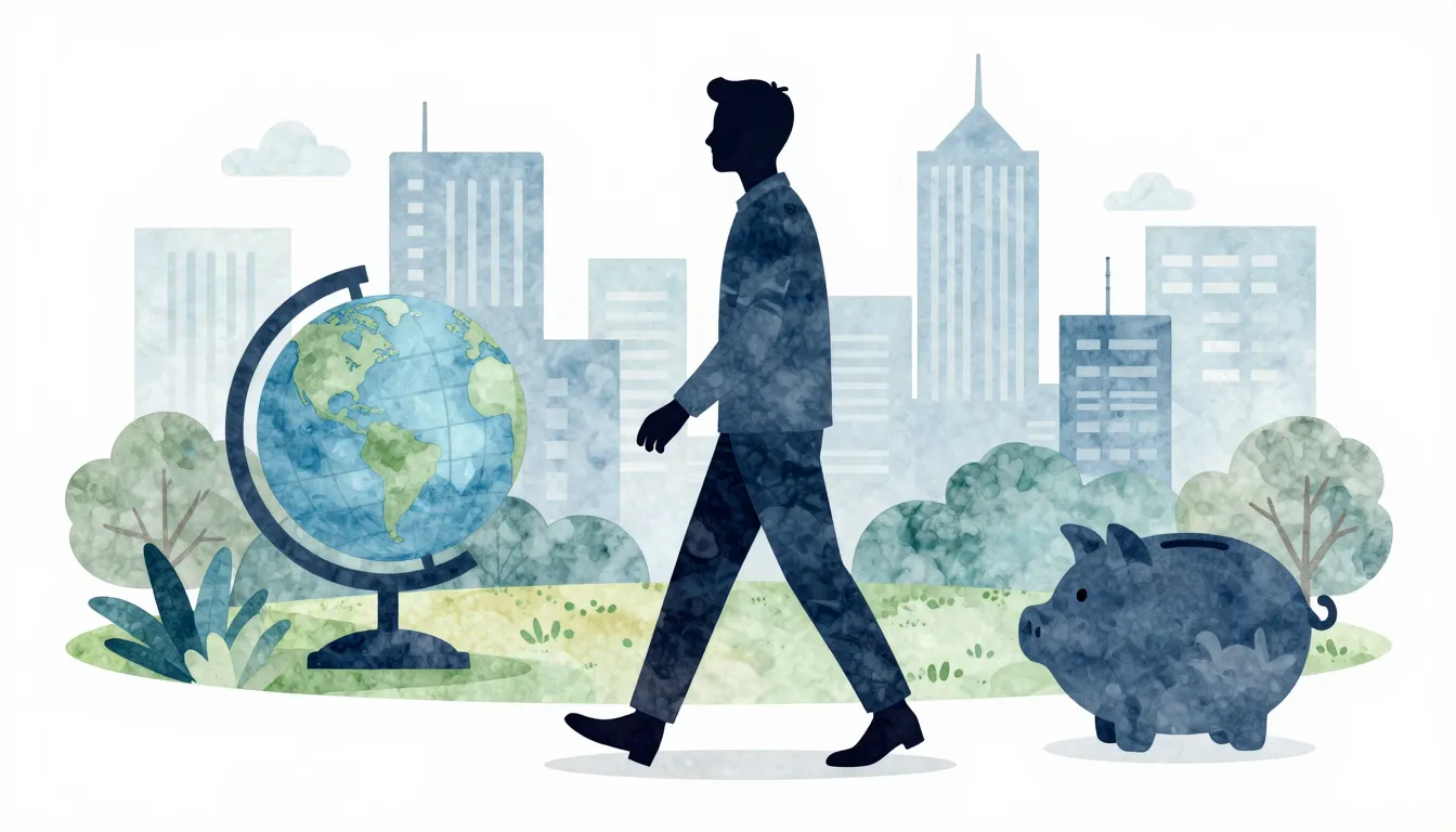 Watercolor style. A stylish silhouette of a man walking thro...