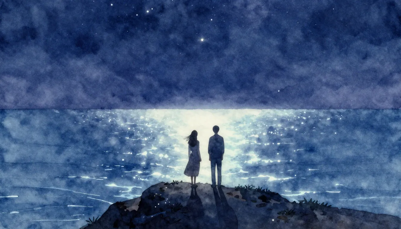 Watercolor style. Two silhouettes of a couple standing on a ...
