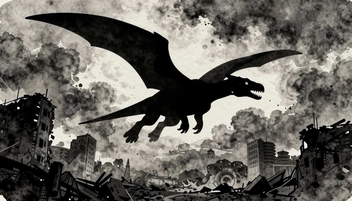 Watercolor style. Silhouette of a giant flying reptile in th...