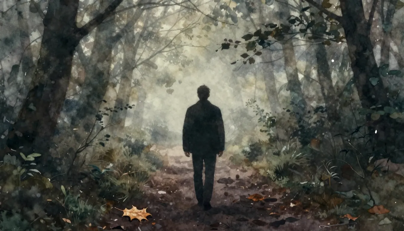 Watercolor style. A silhouette of a man walking away on a pa...
