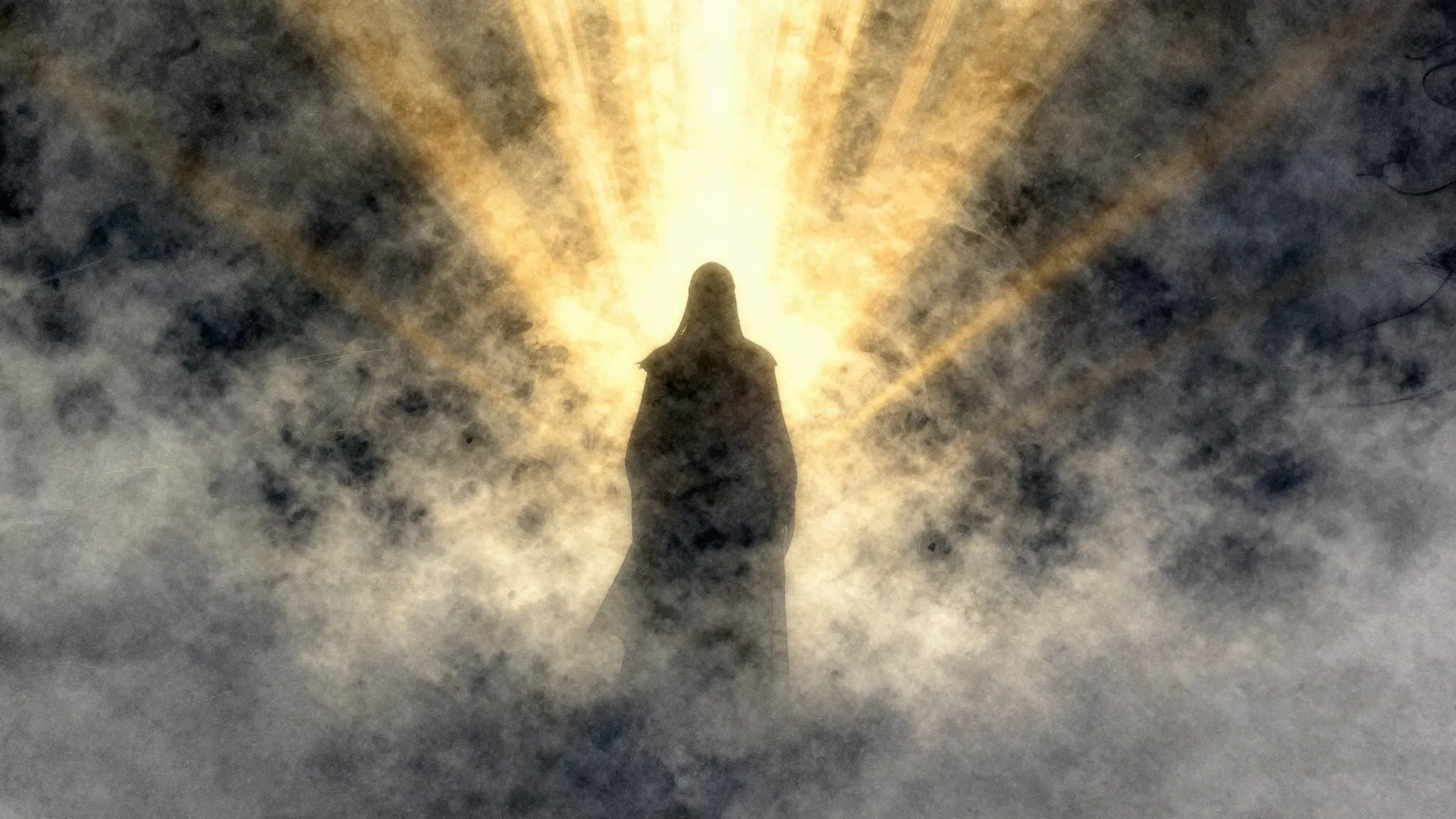 Watercolor style. A bright silhouette of a guardian standing...