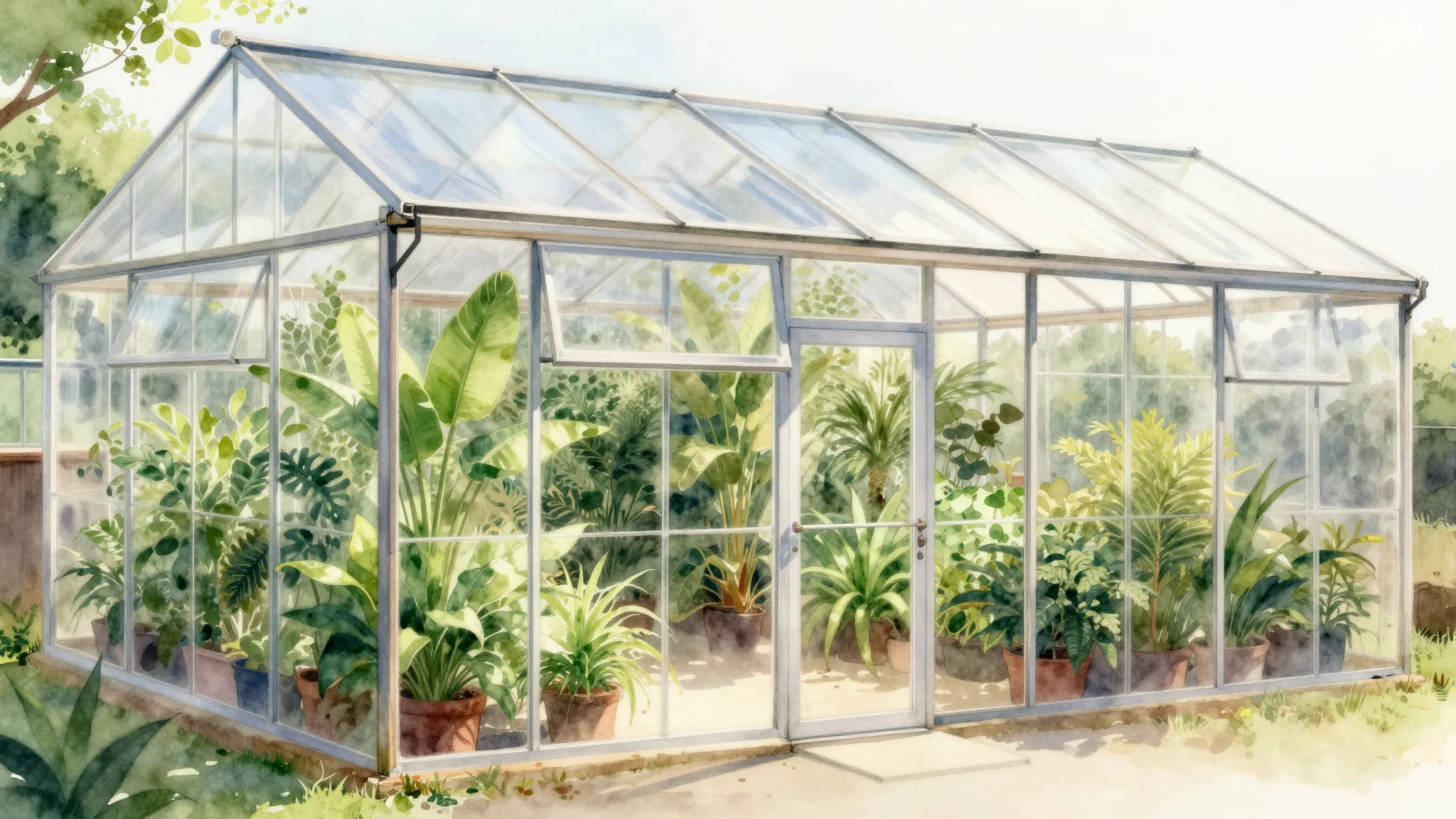 Watercolor style. A bright, sunny greenhouse made of transpa...