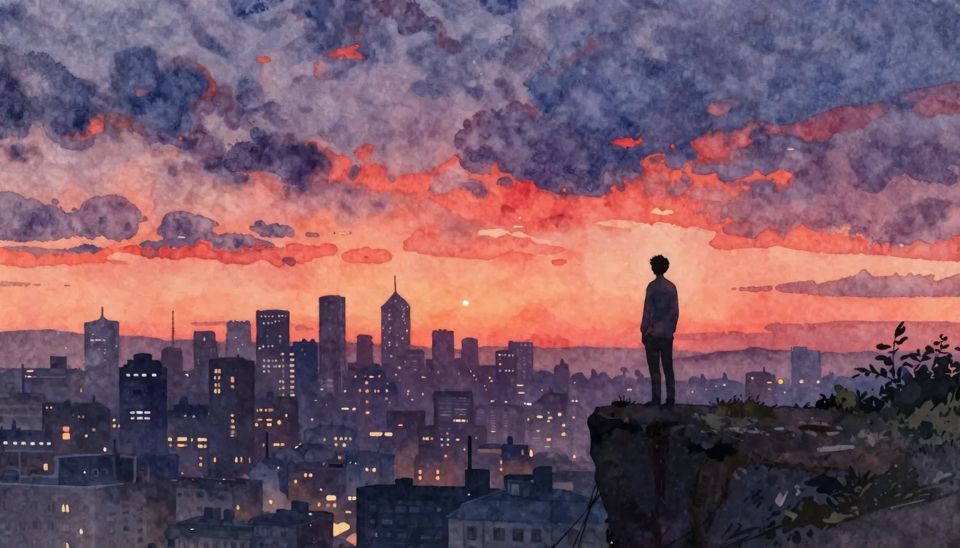Vibrant watercolor style. A lone silhouette of a person stan...