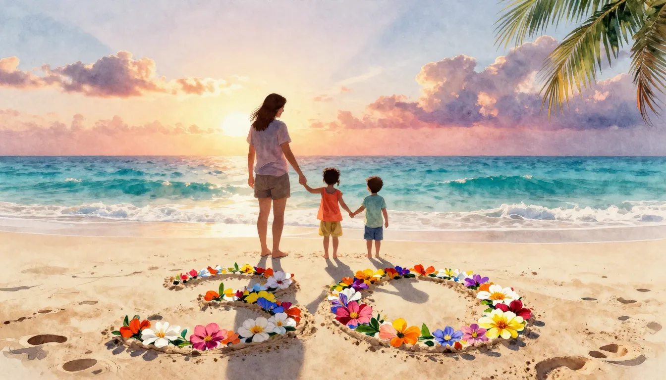 Watercolor style. Silhouette of a happy family on a tropical...