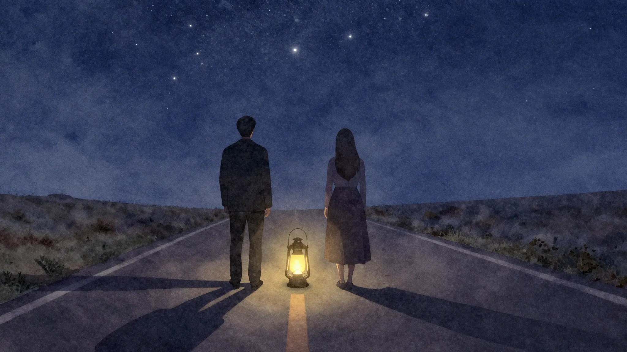 Watercolor style. A silhouette of a couple standing apart on...