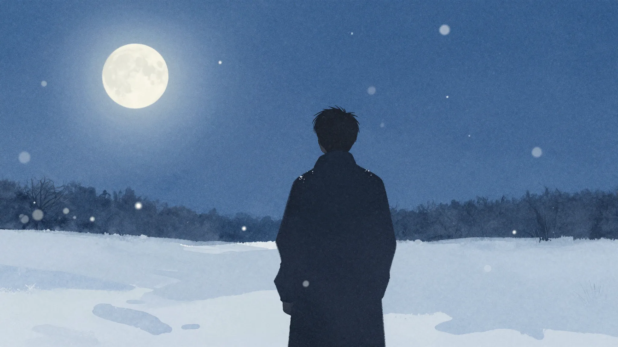 Watercolor style. Dark silhouette of a person in a snowy fie...