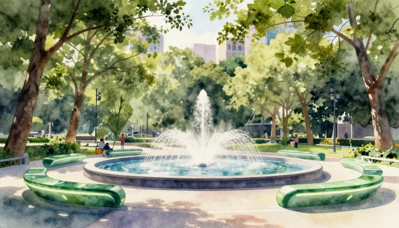 Watercolor style. A lush urban park with a futuristic circul...