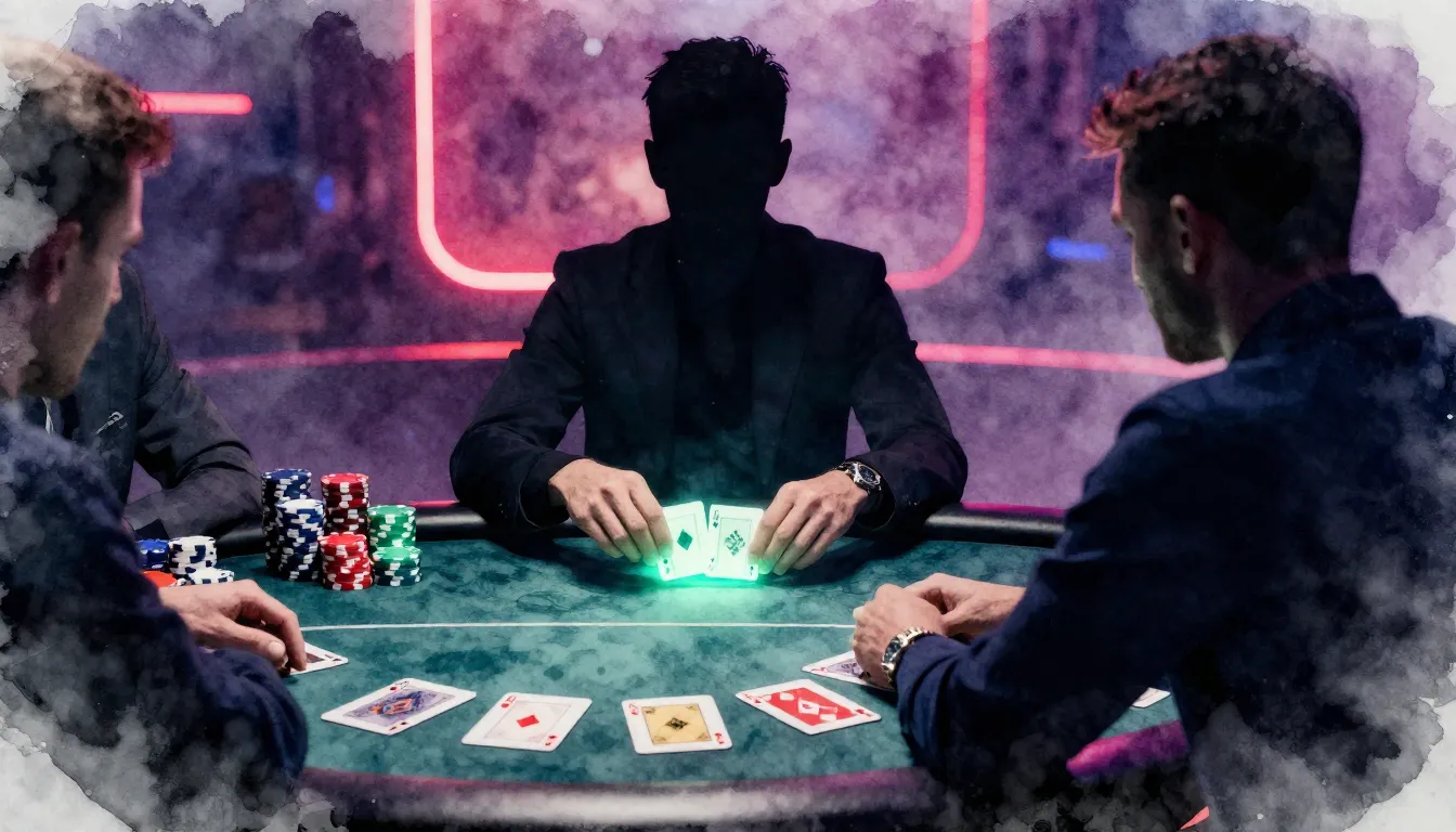 Watercolor style. A dark silhouette of a poker player at a t...