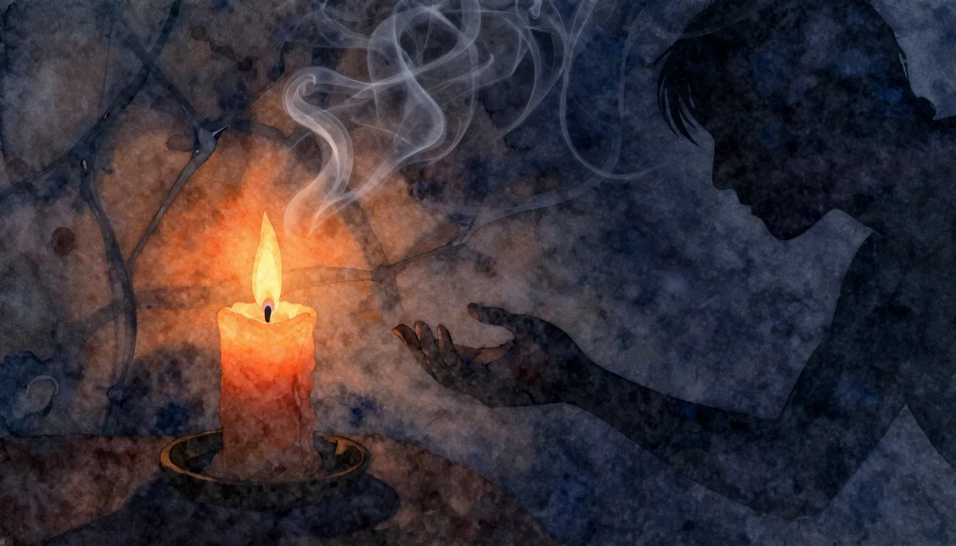Watercolor style. A single candle flame flickering in the da...