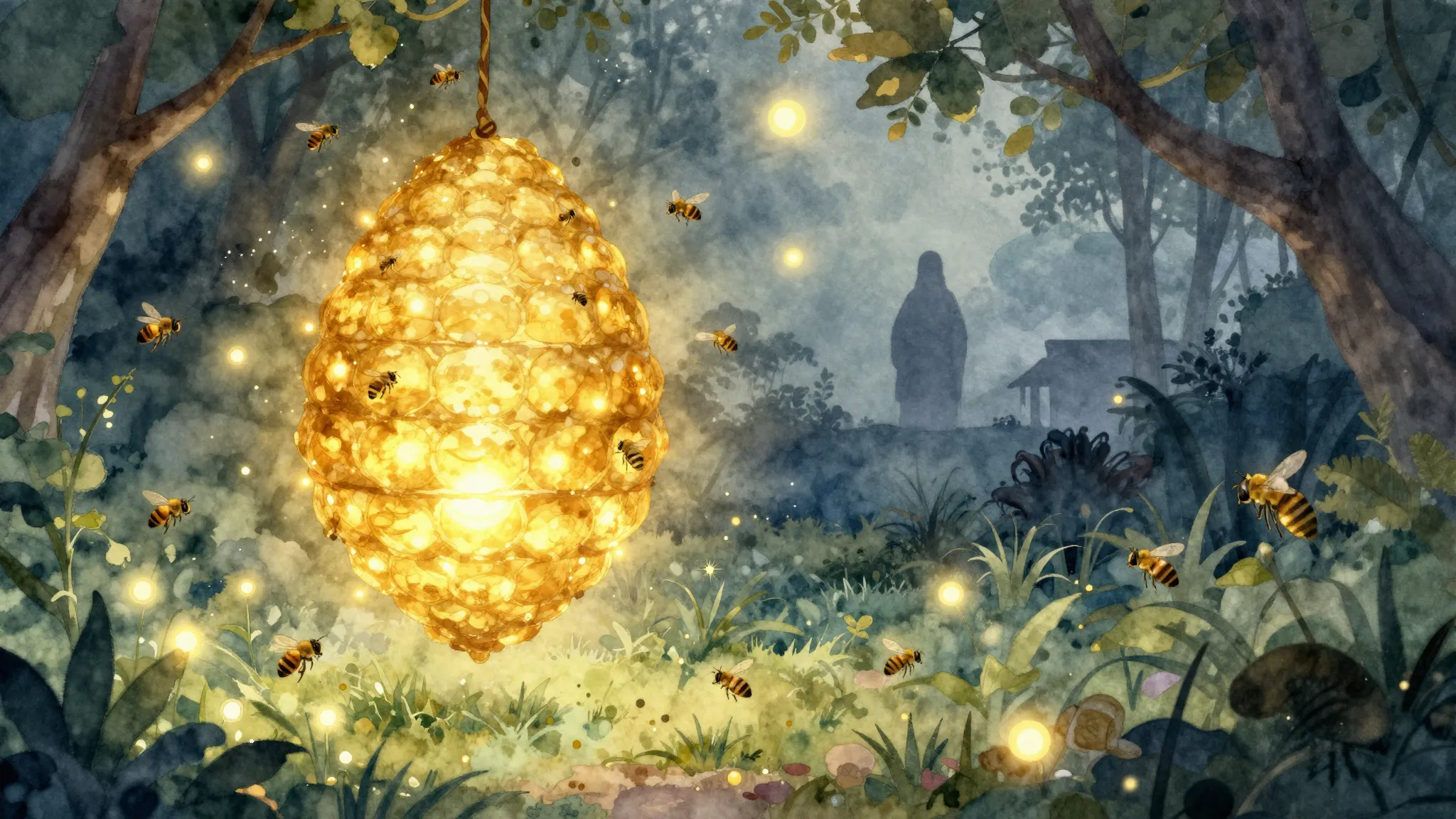 Watercolor style. A glowing golden beehive made of light, fl...