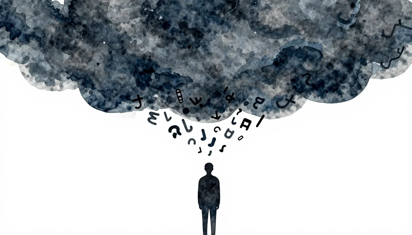 Watercolor style. A dark silhouette of a figure standing und...