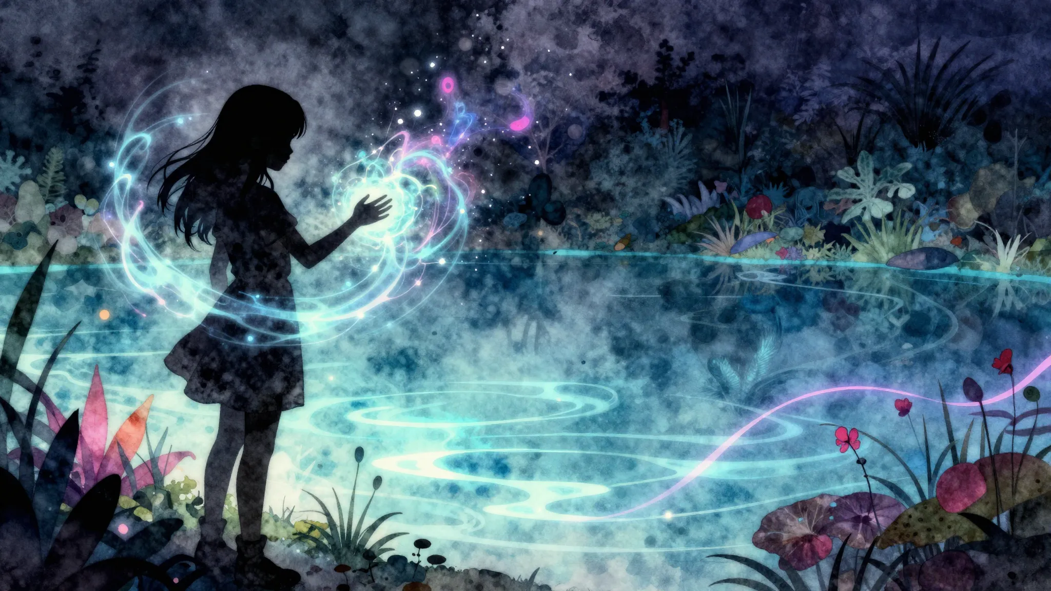 Watercolor style. A dark silhouette of a girl standing by a ...
