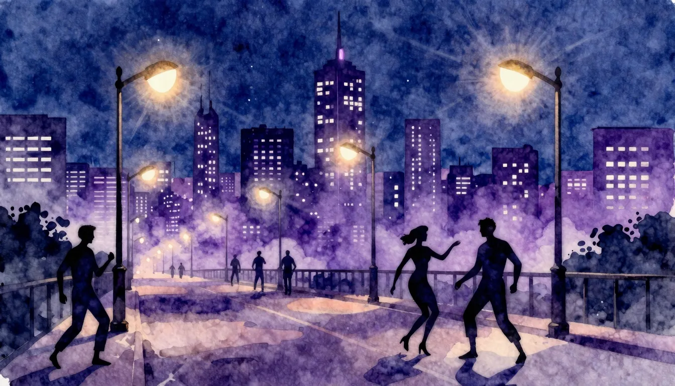 Watercolor style. Neon city skyline at night, glowing street...