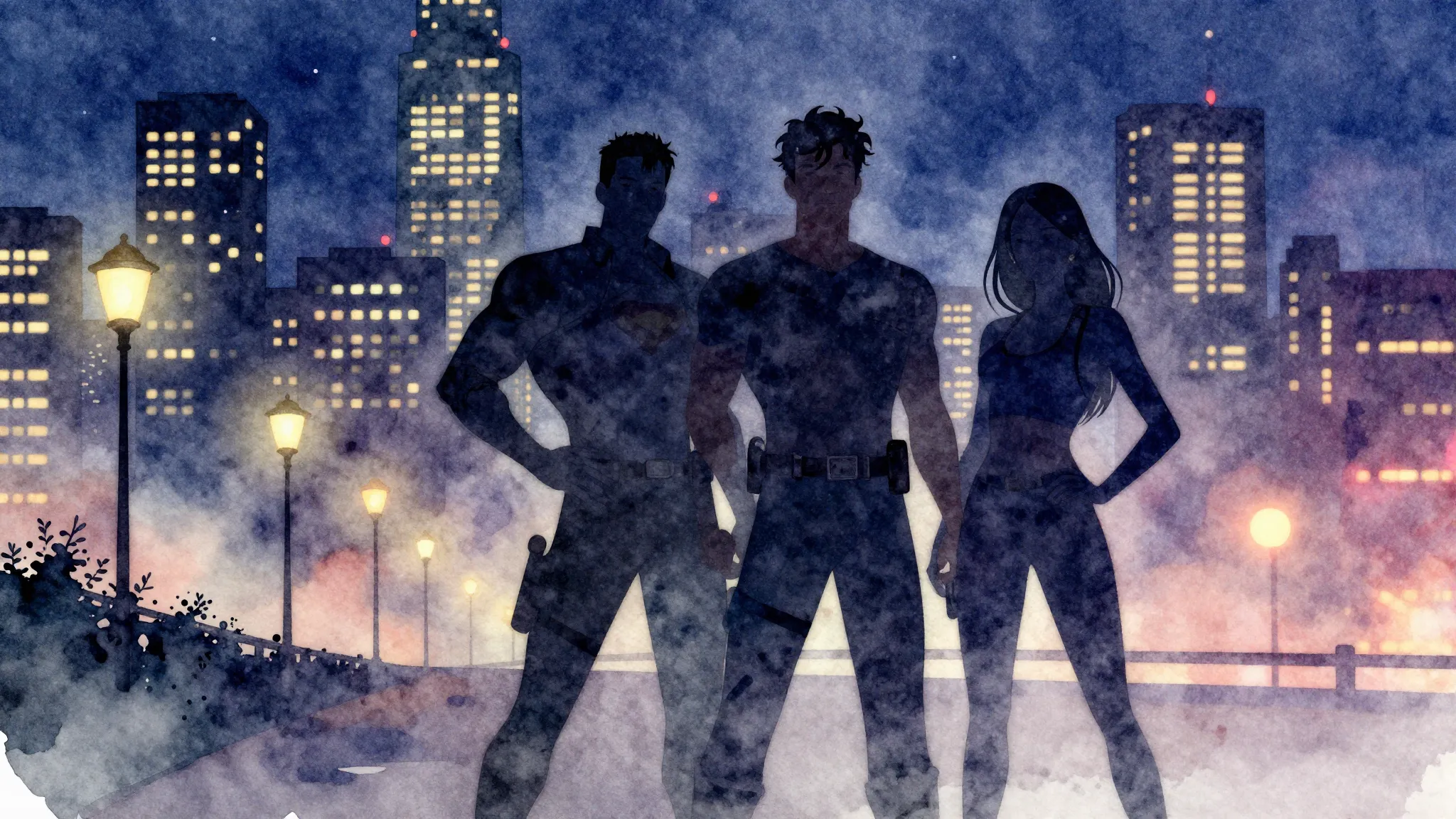 Watercolor style. Silhouette of four friends standing togeth...