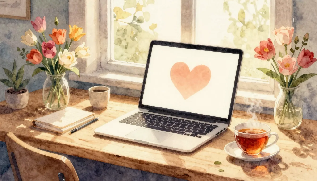 Watercolor style. A warm, cozy scene with a glowing laptop o...