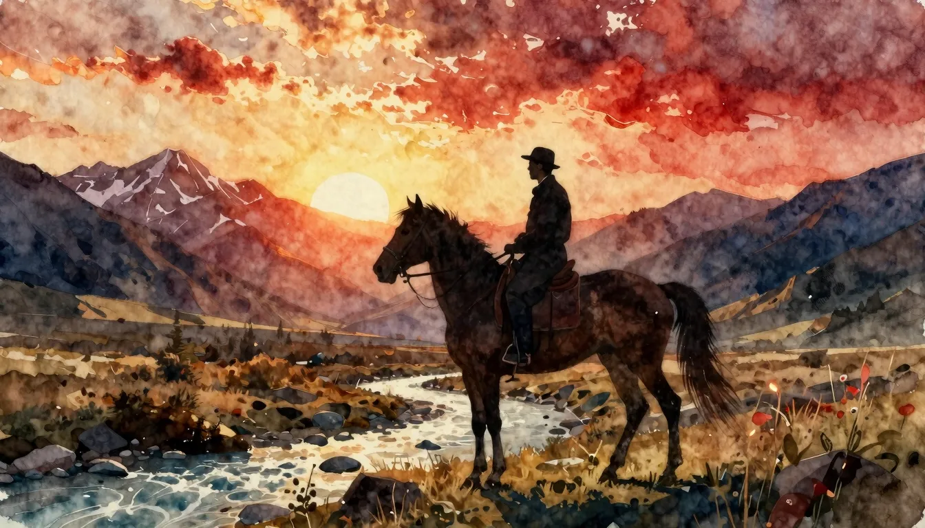 Watercolor style. A silhouette of a man on a horse against a...