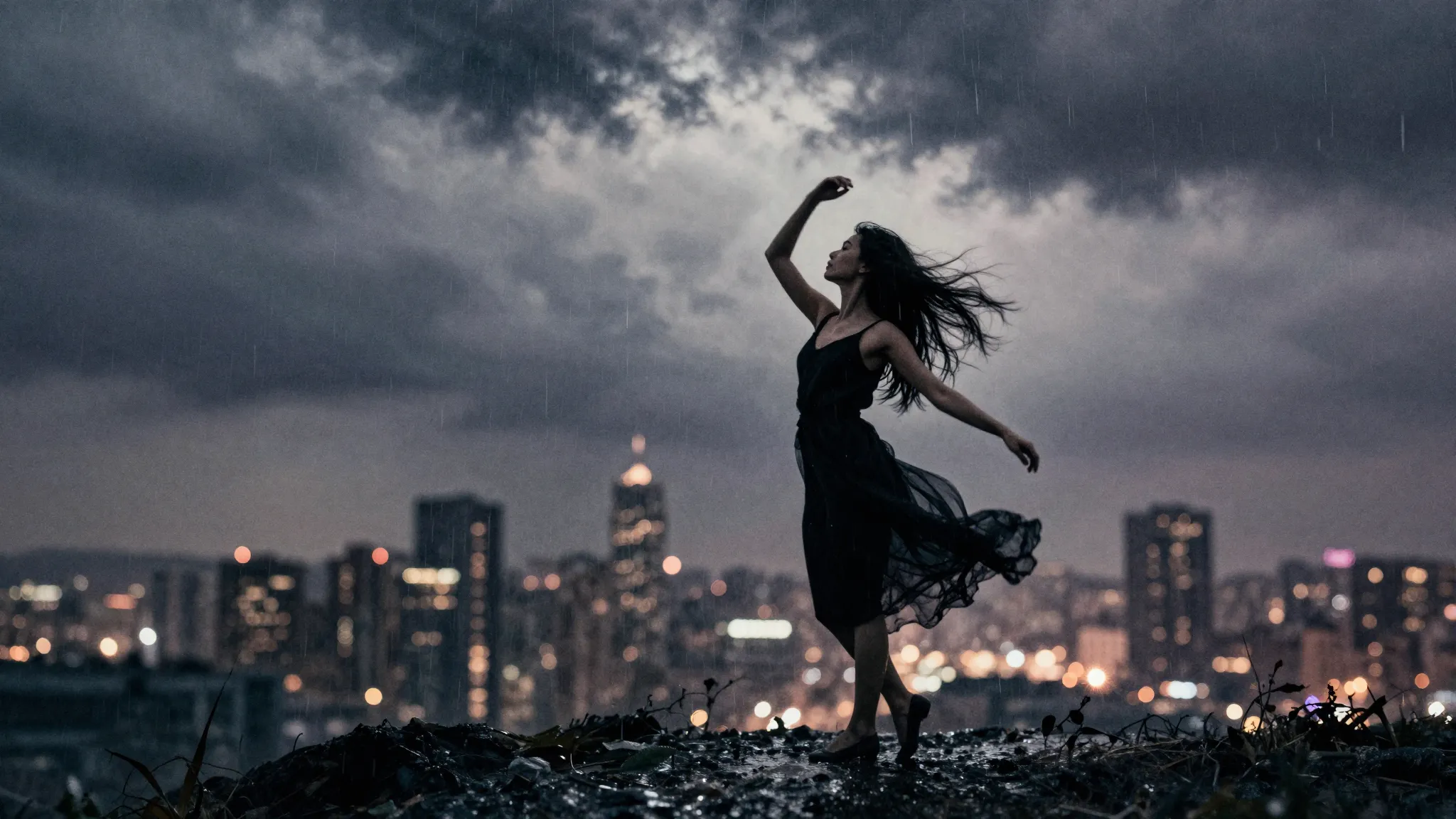 Watercolor style. A lonely silhouette of a woman dancing und...