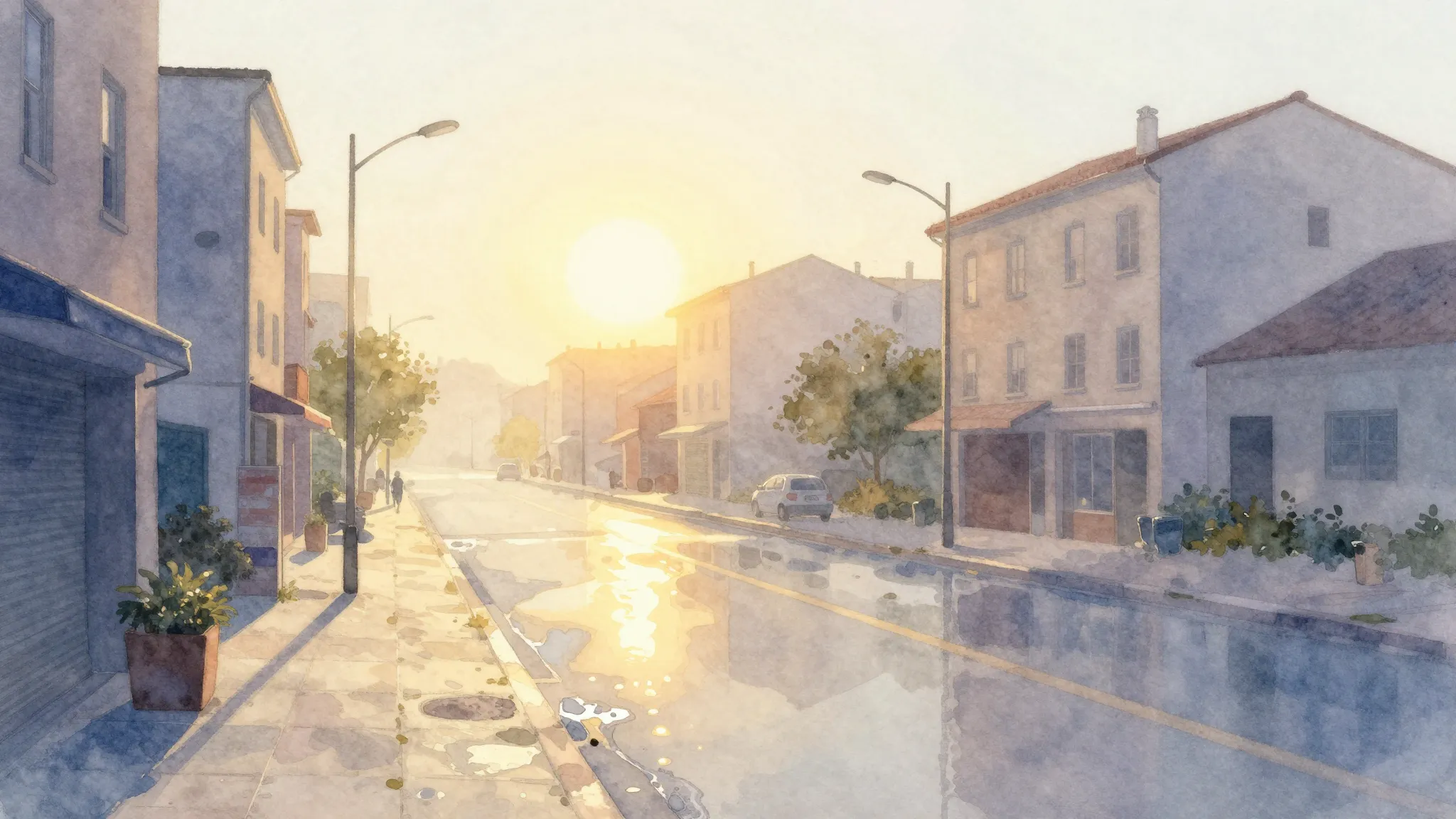 Watercolor style. A bright morning city street with a glowin...