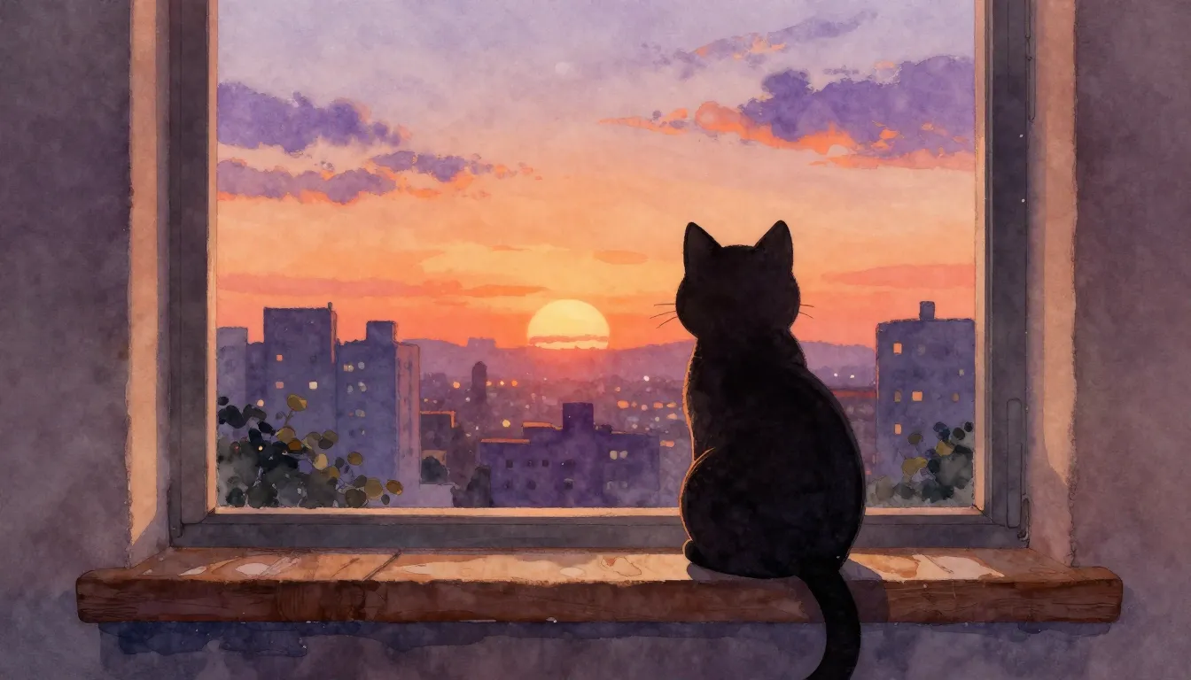 Watercolor style. A cute cat silhouette sitting on a wooden ...