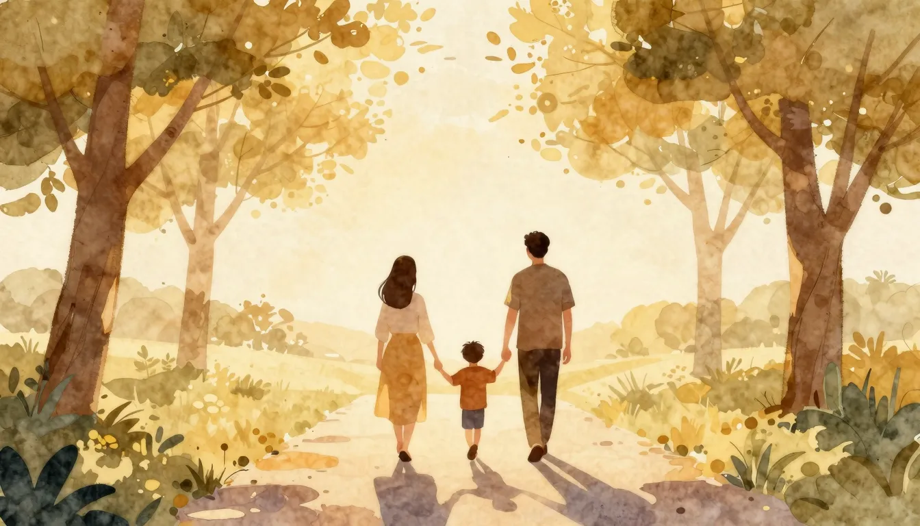 Watercolor style. A warm, minimalist illustration of a famil...